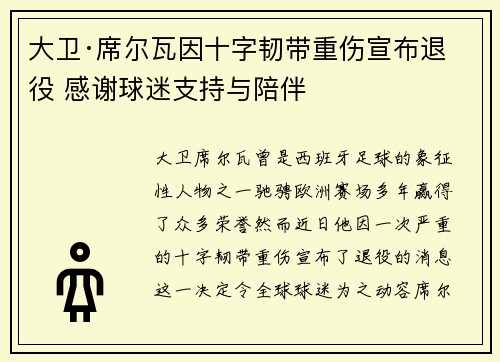 大卫·席尔瓦因十字韧带重伤宣布退役 感谢球迷支持与陪伴