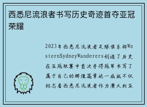 西悉尼流浪者书写历史奇迹首夺亚冠荣耀 西悉尼流浪者书写历史奇迹首夺亚冠荣耀